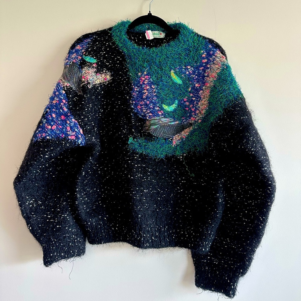 Vintage 90s black, teal and cobalt fuzzy sweater with iridescent scale leather